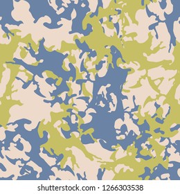 Urban camouflage of various shades of blue, yellow and beige colors. It is a colorful seamless pattern that can be used as a camo print for clothing and background and backdrop or computer wallpaper