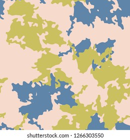 Urban camouflage of various shades of blue, yellow and beige colors. It is a colorful seamless pattern that can be used as a camo print for clothing and background and backdrop or computer wallpaper