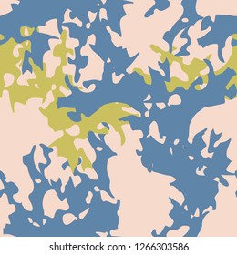 Urban camouflage of various shades of blue, yellow and beige colors. It is a colorful seamless pattern that can be used as a camo print for clothing and background and backdrop or computer wallpaper