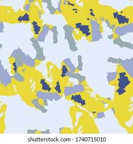 Urban camouflage of various shades of blue and yellow colors. It is a colorful seamless pattern that can be used as a camo print for clothing and background and backdrop or computer wallpaper