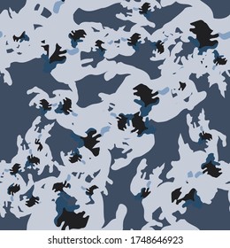 Urban camouflage of various shades of blue, grey and black colors. It is a colorful seamless pattern that can be used as a camo print for clothing and background and backdrop or computer wallpaper