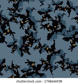 Urban camouflage of various shades of blue, black abd brown colors. It is a colorful seamless pattern that can be used as a camo print for clothing and background and backdrop or computer wallpaper