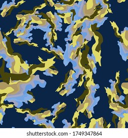 Urban camouflage of various shades of blue, yellow and green colors. It is a colorful seamless pattern that can be used as a camo print for clothing and background and backdrop or computer wallpaper