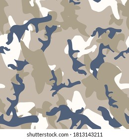 Urban camouflage of various shades of blue, beige and white colors. It is a colorful seamless pattern that can be used as a camo print for clothing and background and backdrop or computer wallpaper