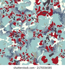 Urban Camouflage Of Various Shades Of Blue, Red, White And Grey Colors. It Is A Colorful Seamless Pattern That Can Be Used As A Camo Print For Clothing And Background And Backdrop Or Computer Wallpape