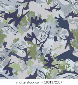 Urban camouflage of various shades of green, blue and grey colors. It is a colorful seamless pattern that can be used as a camo print for clothing and background and backdrop or computer wallpaper
