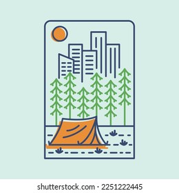 Urban Camping in the City Forest with Skyline Background Monoline Design for Apparel