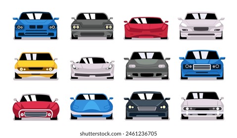 Urban car front. Frontal view of modern sedan vehicle, car front auto parts icon, various vehicle flat cartoon taxi cab. Vector isolated set. Sport transport for speed race or riding