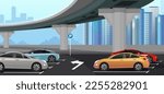 Urban car parking area under bridge. Downtown cityscape with colorful cars, skyline city office buildings on background. Vehicles parked under highway road. Automobile in park lot. Vector illustration