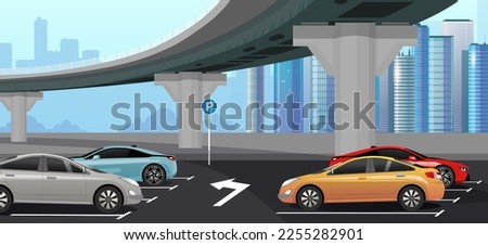 Urban car parking area under bridge. Downtown cityscape with colorful cars, skyline city office buildings on background. Vehicles parked under highway road. Automobile in park lot. Vector illustration