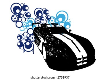 Urban car vector with retro circle or rings in the background.