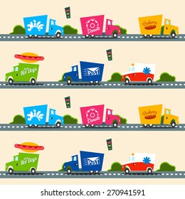 Urban cargo trucks vector seamless pattern in simple kids style