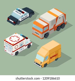 Urban cars isometric. Garbage truck mail van police and ambulance vector city traffic 3d illustrations. Police and post automobile, ambulance vehicle van