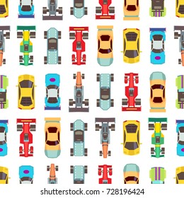 Urban cars seamless pattern texture. Vector illustration background. Racing cars