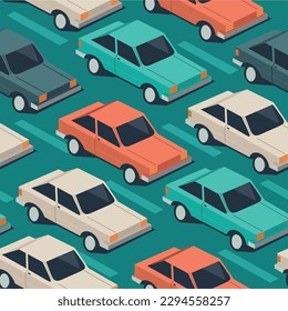 Urban cars seamless texture. Isometric cars. Seamless pattern color car illustration