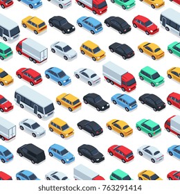 Urban cars seamless texture. Vector background. Isometric cars. Seamless pattern color car illustration