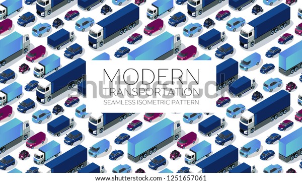 Urban cars seamless texture. Vector\
background. Isometric cars. Mjdern transportation. Seamless pattern\
blue car illustration on a white\
background
