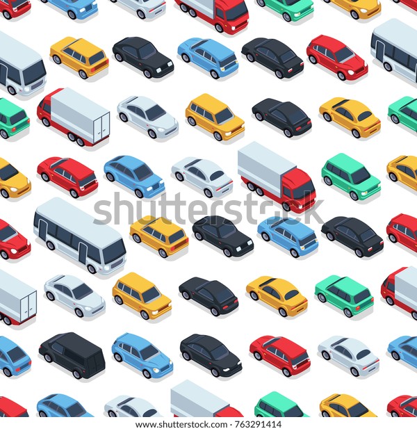 Urban cars seamless\
texture. Vector background. Isometric cars. Seamless pattern color\
car illustration