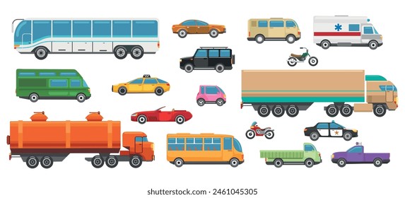 Urban cars set. Side view taxi minivan cabriolet pickup bus truck city car and vehicle transport cartoon icons isolated vector illustration