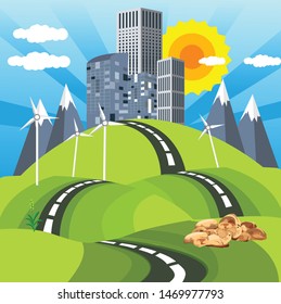 Urban cartoon  landscape, buildings on the hills, and clouds in the sky. vector