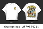 Urban cartoon vector t-shirt design. Front and back t shirt design for print on demand. Graffiti style graphic t-shirt for merch