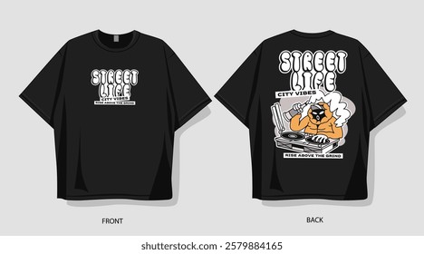 Urban cartoon vector t-shirt design. Front and back t shirt design for print on demand. Graffiti style graphic t-shirt for merch