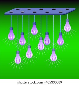 Urban chandelier rustic lighting with varying long Edison bulb on green background.