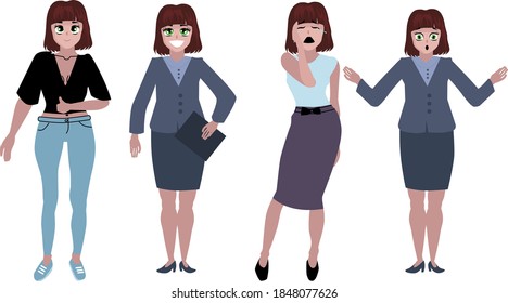 urban character set in different poses. simple flat design. set of female characters with different emotions and poses.