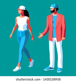 Urban characters in full height. Man and woman wearing casual summer clothes, jeans, baseball cap and sneakers. Vector illustration