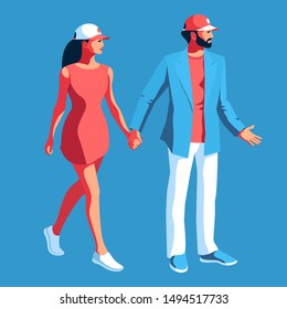 Urban characters in full height. Man and woman walking hand in hand, wearing casual summer clothes, baseball cap and sneakers. Vector illustration