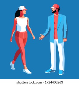 Urban characters in full height. Man and woman wearing casual summer clothes, jeans, baseball caps and sneakers. Vector illustration