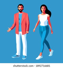 Urban characters in full length, full face. Man and woman wearing casual summer clothes, jeans, suit, t-shirt and sneakers. Vector illustration