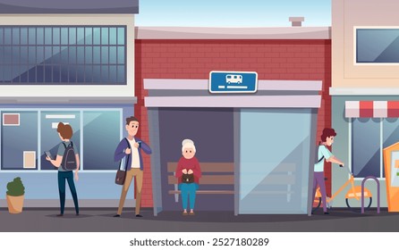 urban characters. people in city bus station. vector outdoor cartoon background