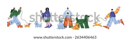 Urban characters walking pets in retro cartoon style. Mascot people  and animals: men, women, dogs, cats in city outfits. Illustration in funky, doodle style, trendy sticker set