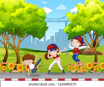 Urban children dancing in the park illustration