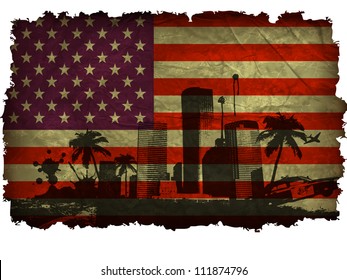 urban cities with large palm trees on an old American flag