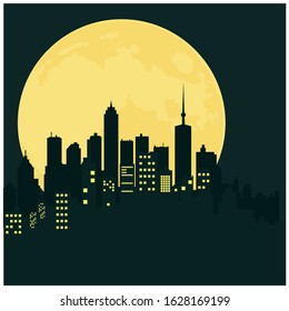Urban City building at night with moon silhouette design illustration
