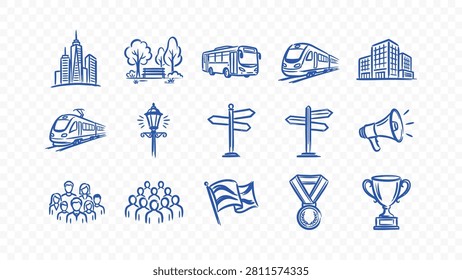 urban city buildings skyscraper train subway transport station signs street doodle handmade ink scribble flat line art vector illustration icon bundle set calligraphy drawing design