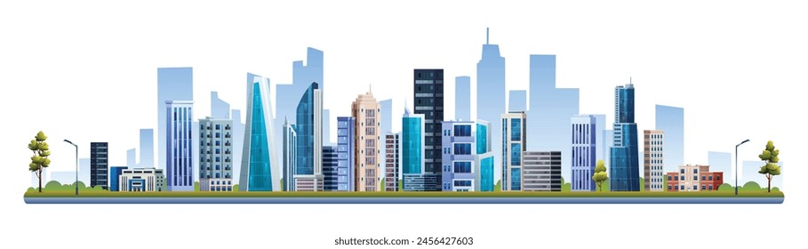 Urban city buildings with trees vector illustration. Cityscape panoramic isolated on white background