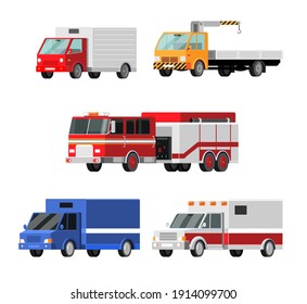 Urban, City Cars Vector Icons Set. Ambulance, Fire Truck, Mail Truck, Tow Truck, Crane, Truck, Lorry Illustration Cartoon Style