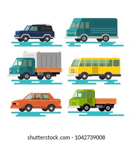 Urban, city cars and vehicles transport vector flat icons set.