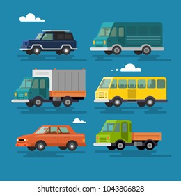 Urban, city cars and vehicles transport vector flat icons set.