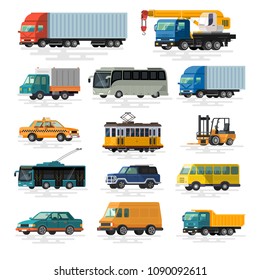 Urban, city cars and vehicles transport vector flat icons set. Colorful illustrations.