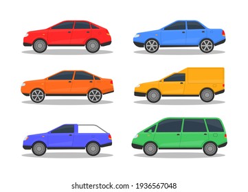 Urban, city cars and vehicles transport. Set of cars of different colors. A large set of different automobile models on white background. Flat vector illustration, icon for graphic and web design.