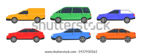 Urban, city cars and vehicles transport. Set of\
cars of different colors. A large set of different automobile\
models on white background. Flat vector illustration, icon for\
graphic and web design.