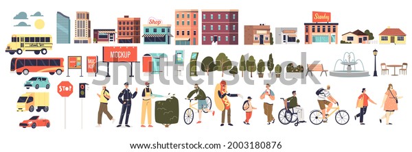 Urban city cartoon\
elements: people, park decoration, building, vehicle transport and\
steer advertising billboards and signboards on white background.\
Flat vector illustration