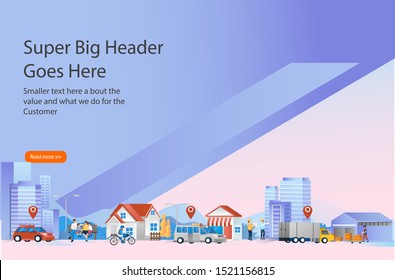 Urban City Family, City Home, Car, Development, Health Footer And Header Illustration