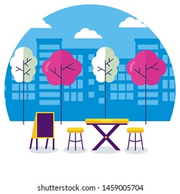 urban city food street restaurant table chairs board vector illustration