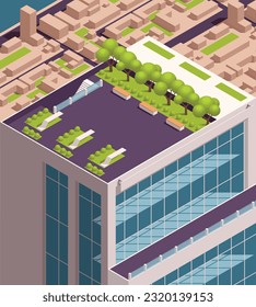 Urban city green spaces eco design isometric colored concept with green bushes trees and decorations on the roof of the high rise vector illustration