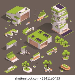 Espacios verdes urbanos diseño ecológico conjunto de íconos isométricos con árboles casas parterres floridos bancos ilustración vectorial